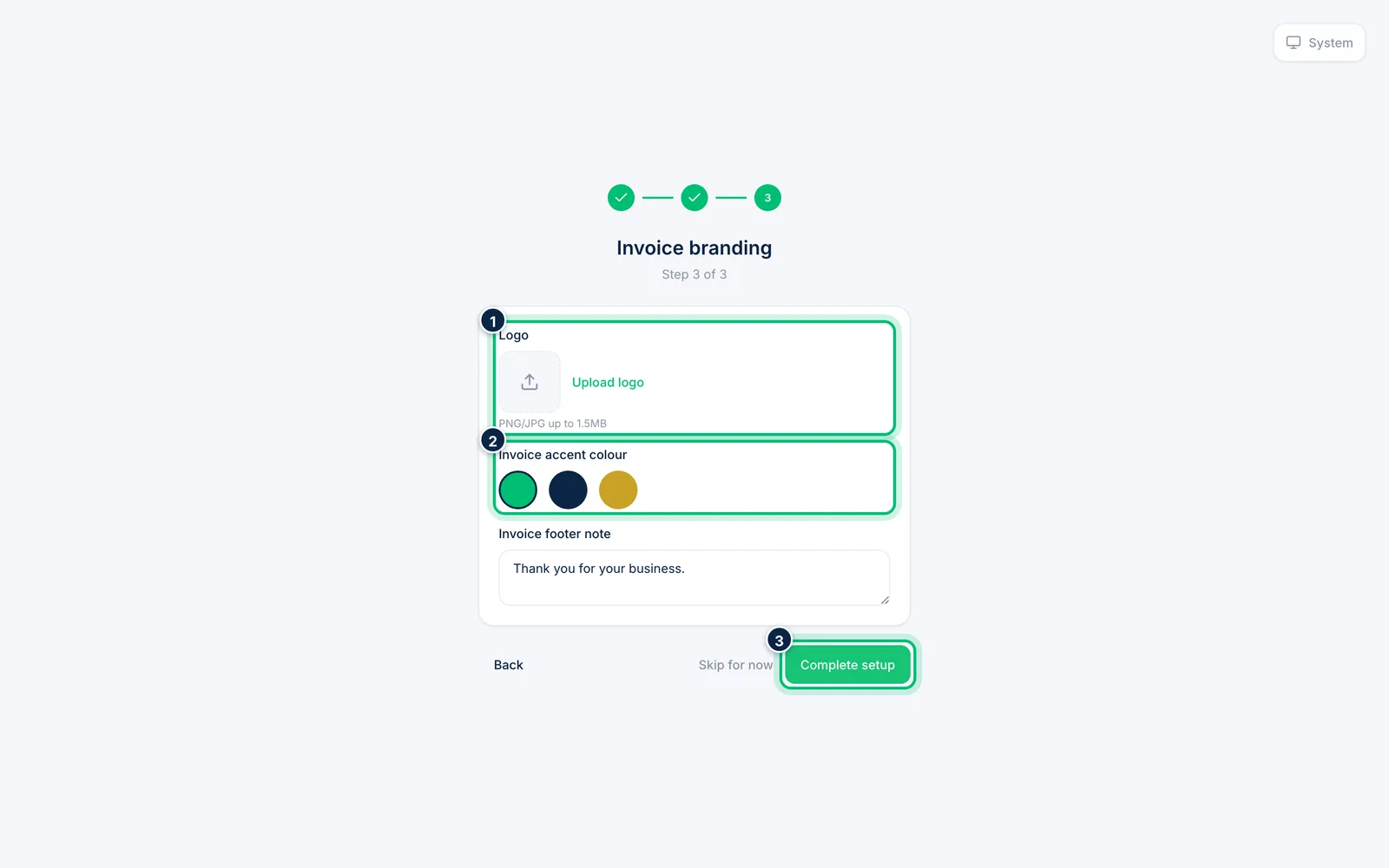Scalar360 screen: Brand your invoices and finish