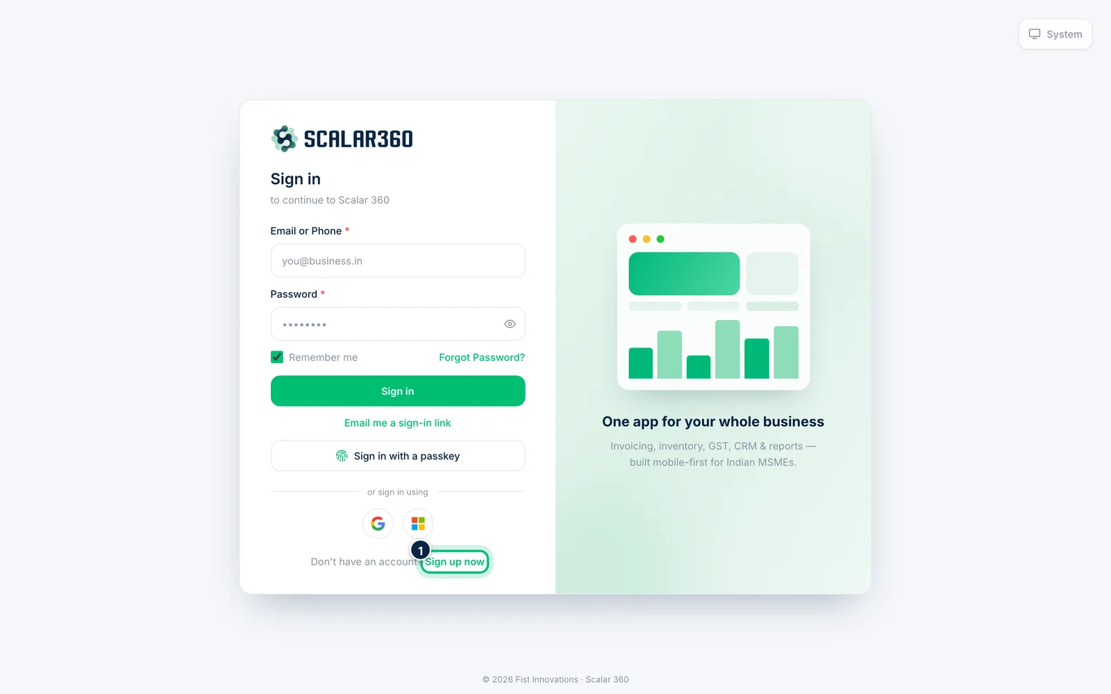 Scalar360 screen: Open the sign-up form