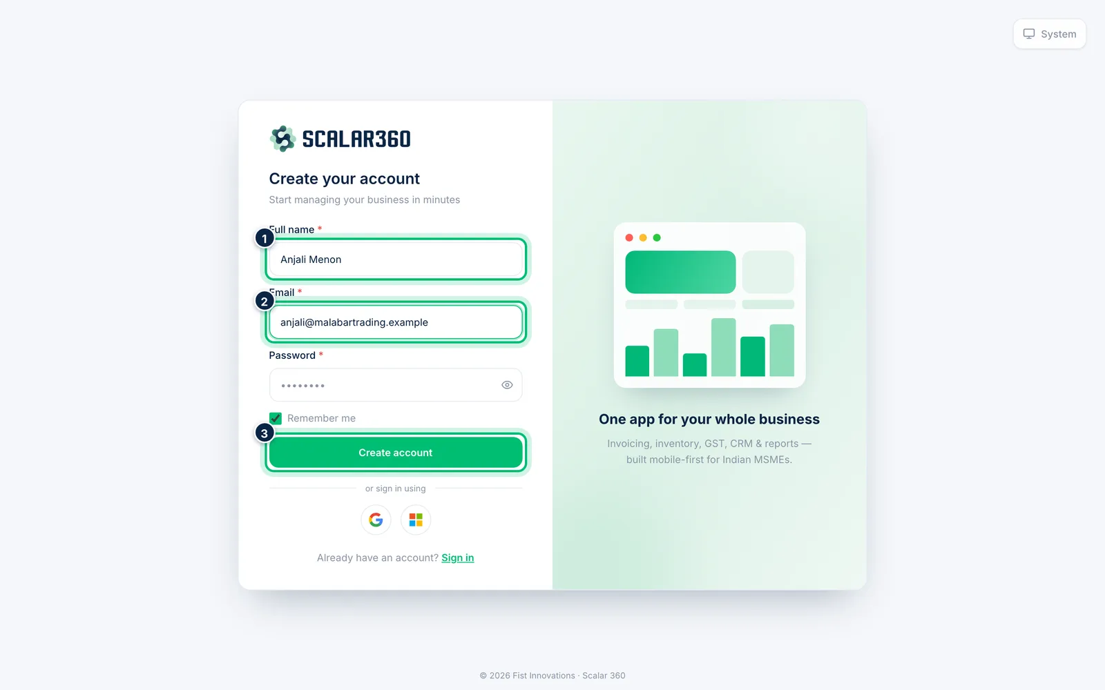 Scalar360 screen: Enter your details