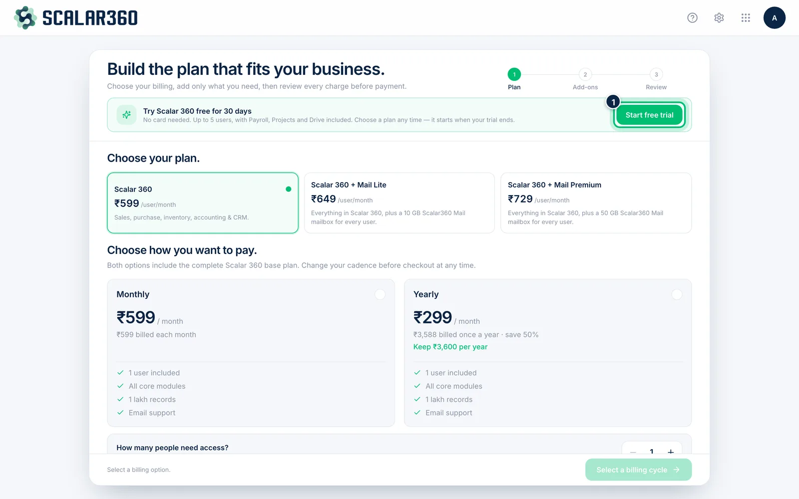 Scalar360 screen: Start the free trial