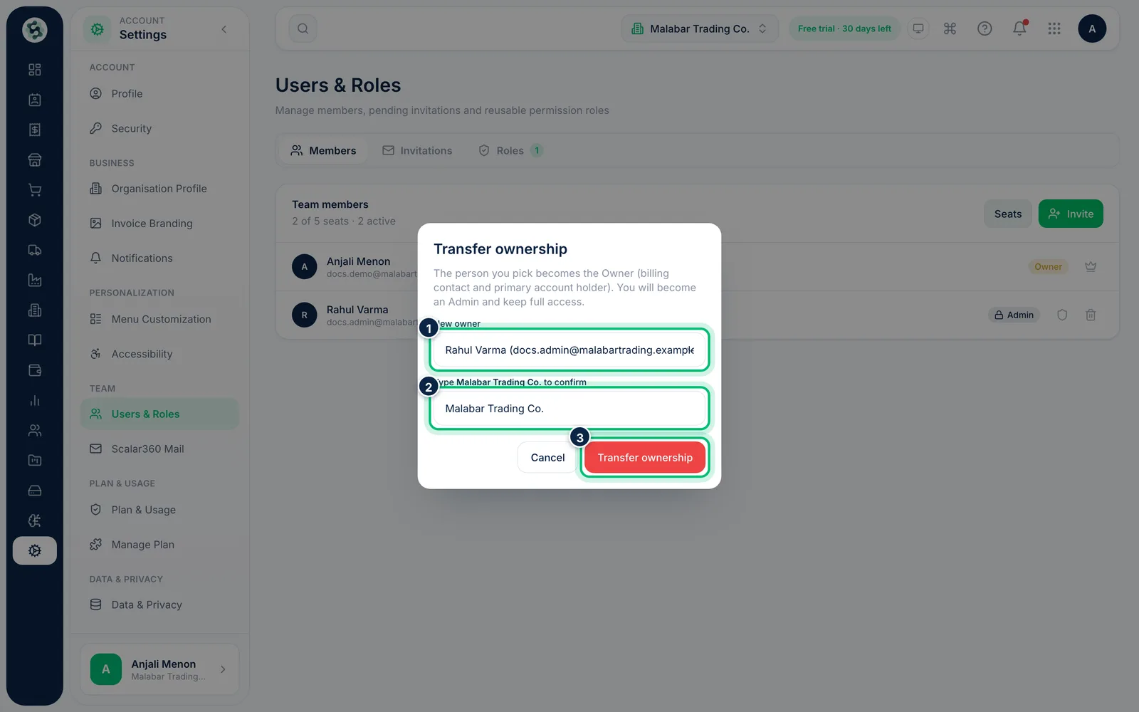 Scalar360 screen: Pick the Admin and confirm the name