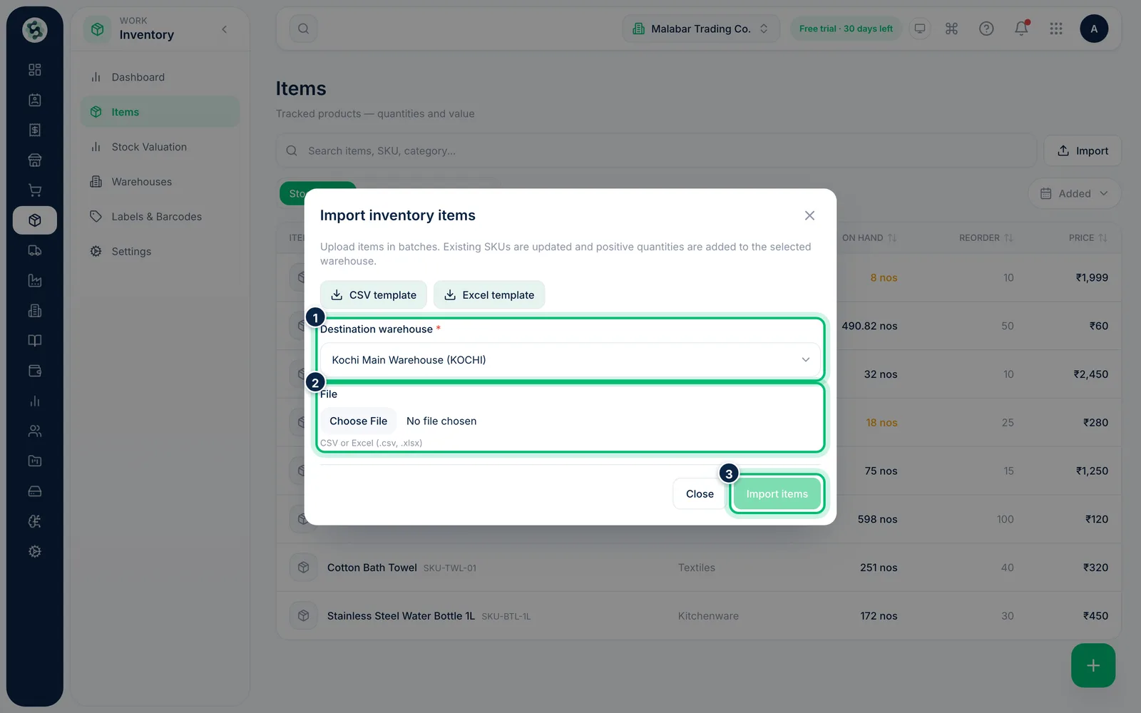 Scalar360 screen: Choose the warehouse and upload the file