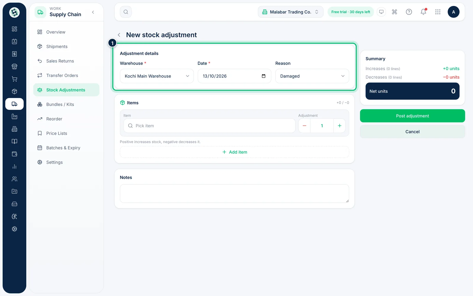 Scalar360 screen: Choose the warehouse, date and reason