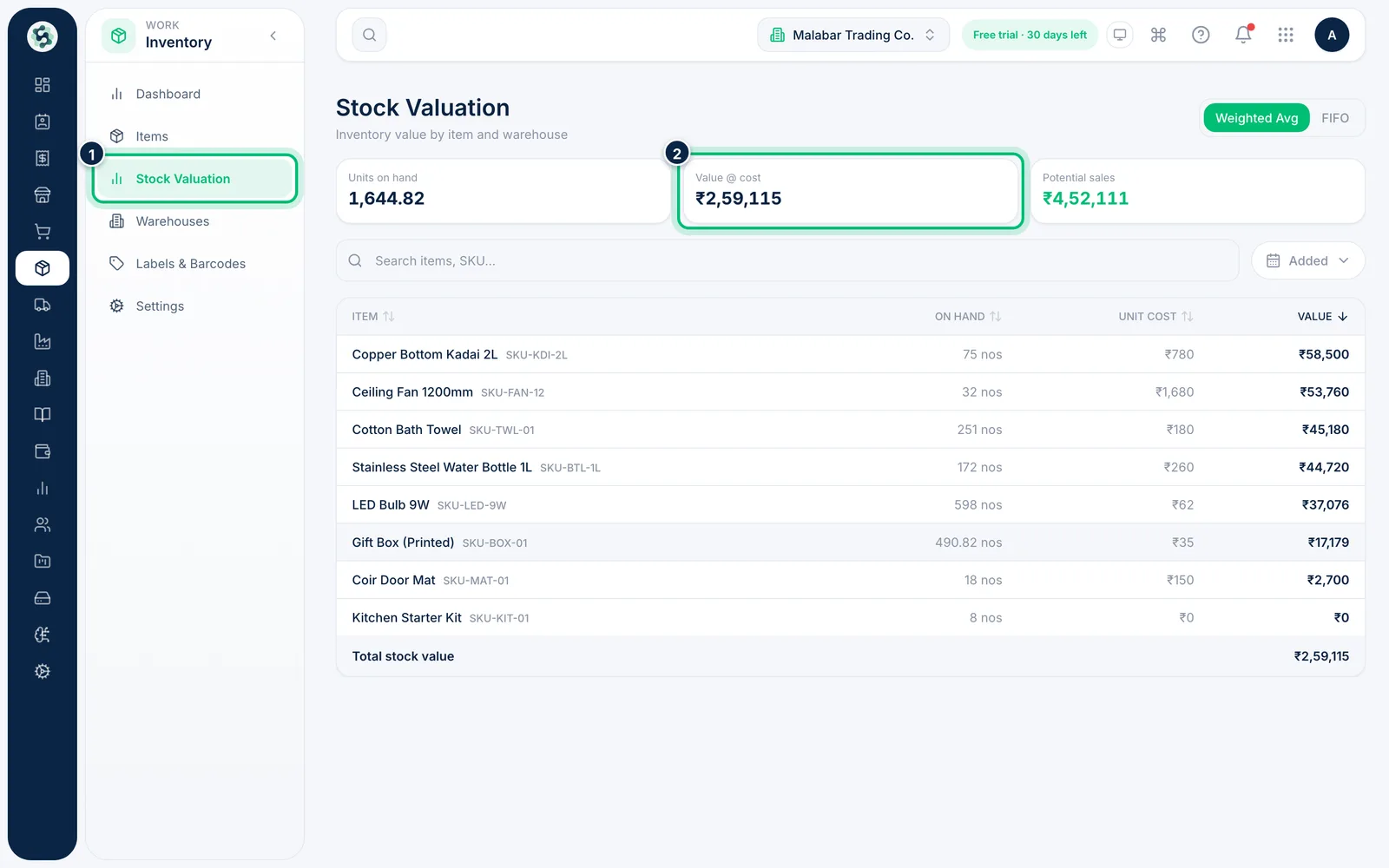 Scalar360 screen: Open Stock Valuation
