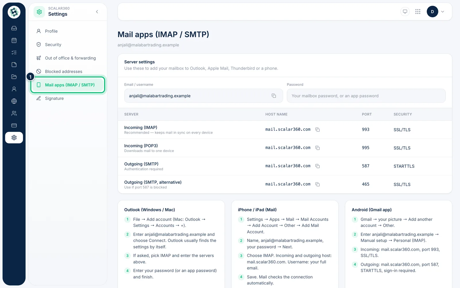 Scalar360 screen: Open Mail apps settings