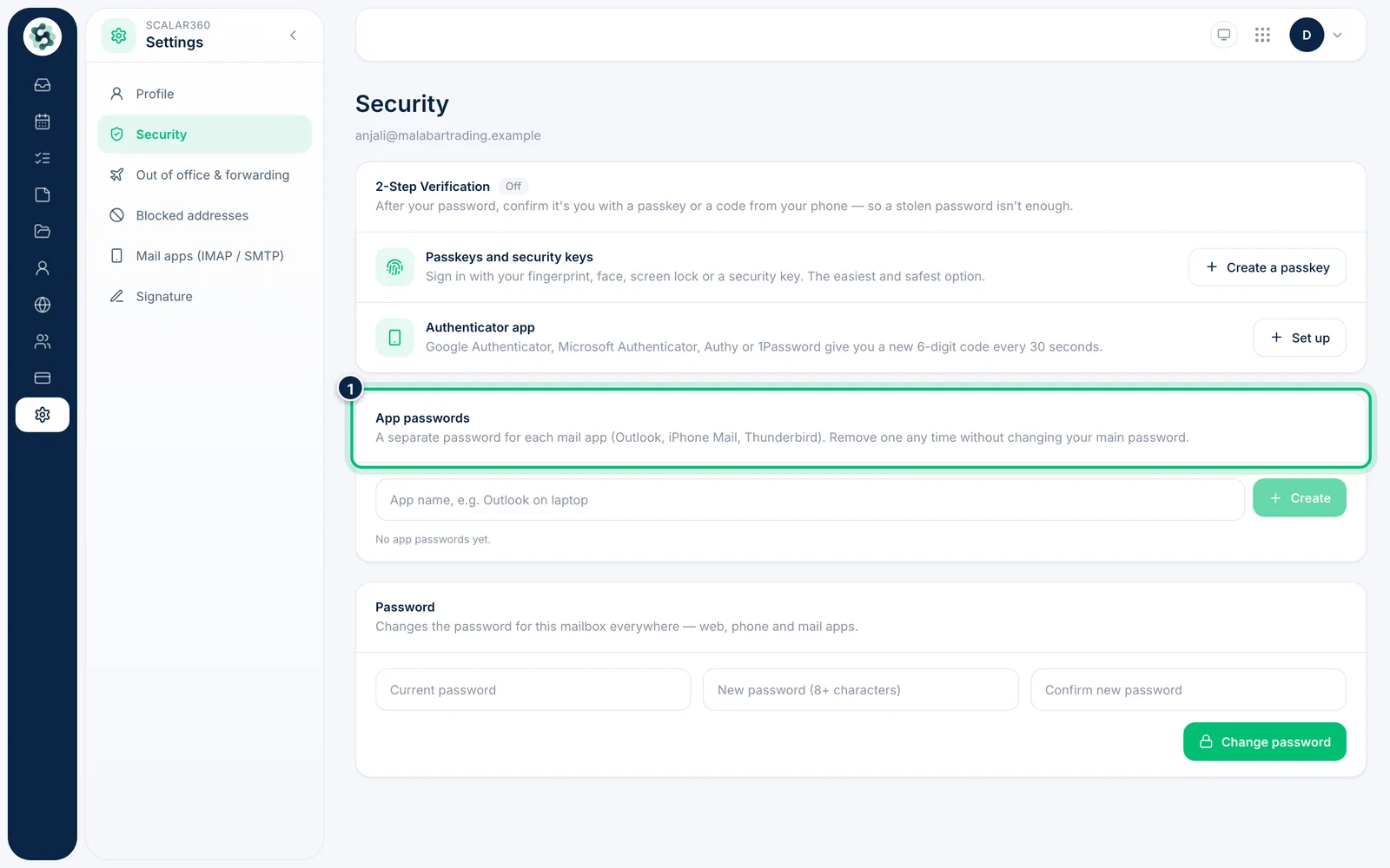 Scalar360 screen: Create an app password