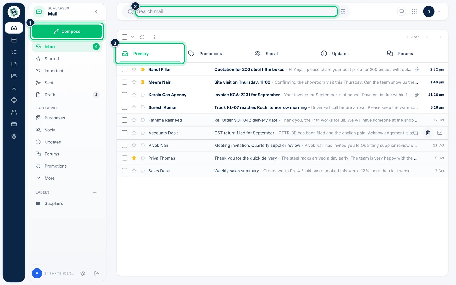Scalar360 screen: Find your way around the inbox