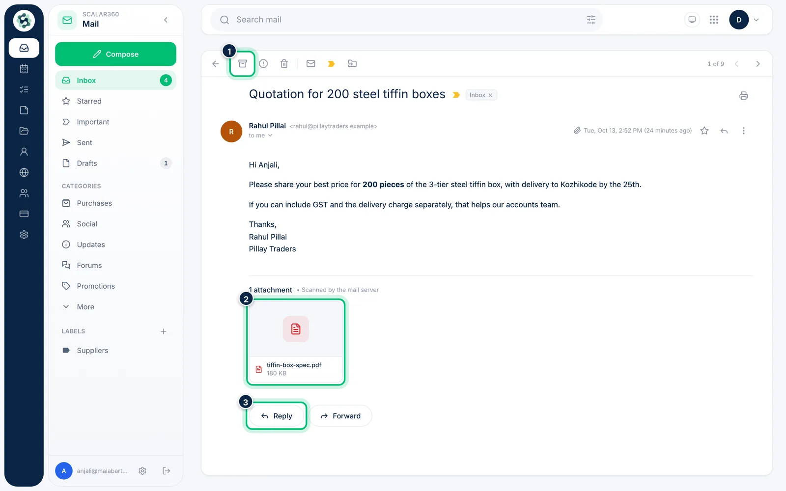 Scalar360 screen: Open a message