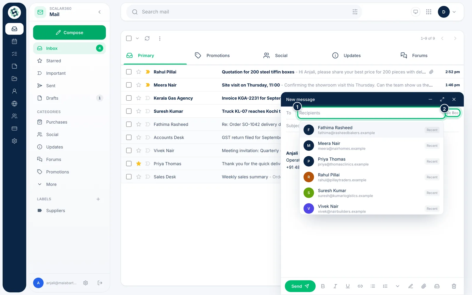 Scalar360 screen: Start a new message