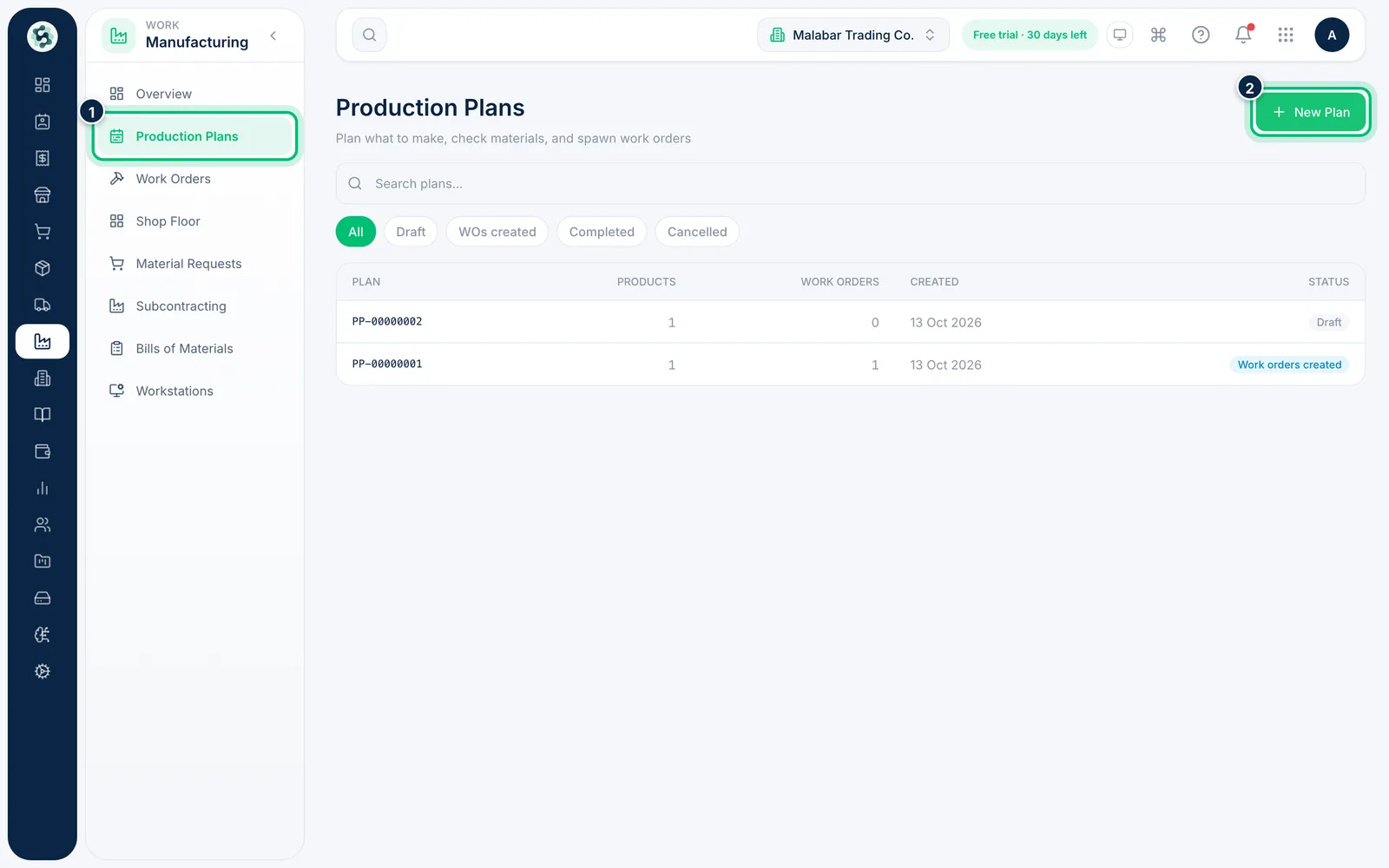 Scalar360 screen: Open Production Plans and start a plan