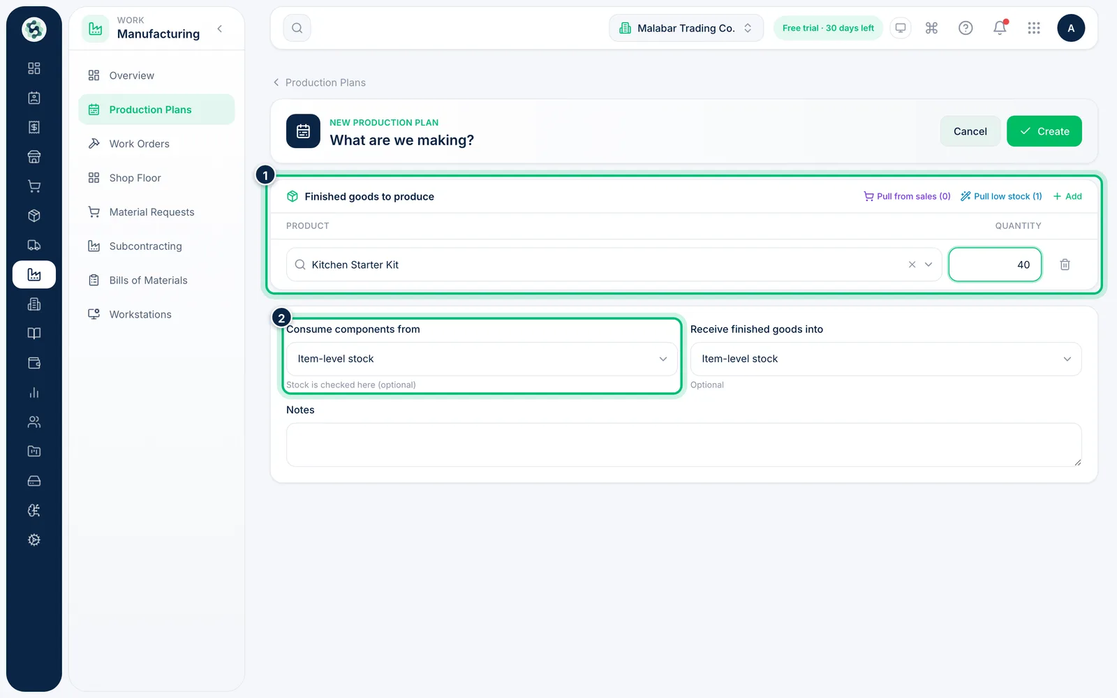 Scalar360 screen: Add the finished goods to produce