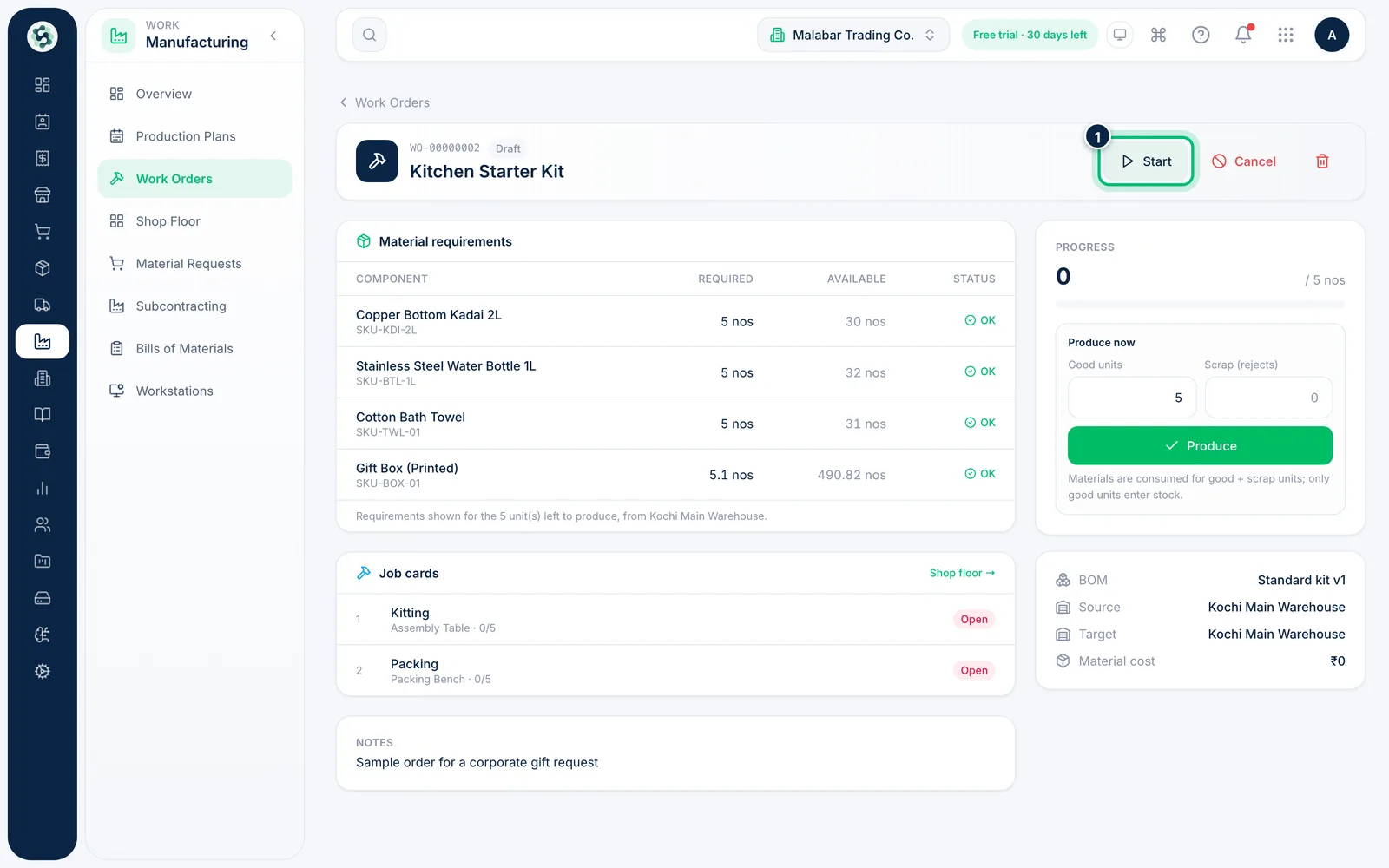 Scalar360 screen: Start the work order