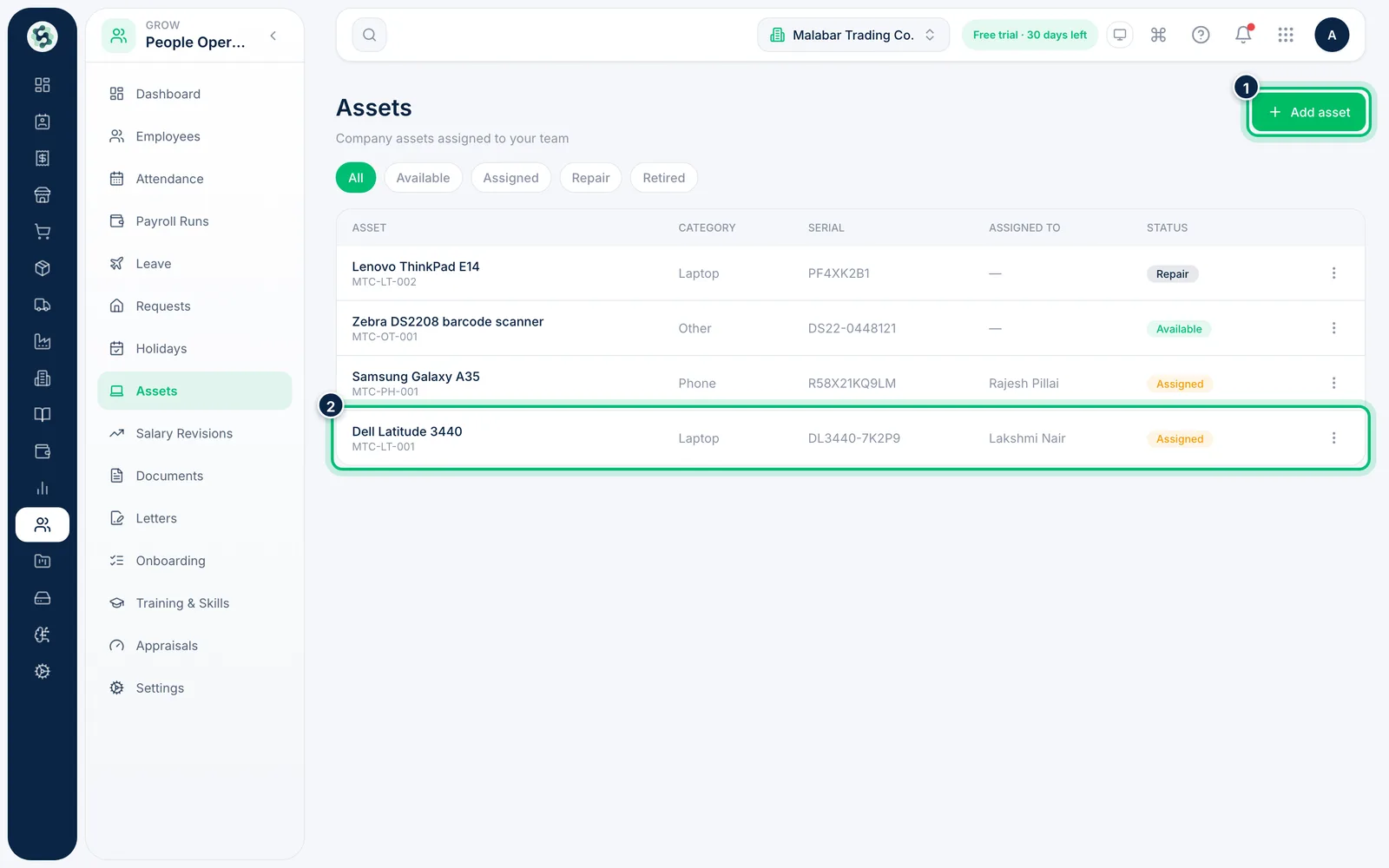 Scalar360 screen: Open the asset register