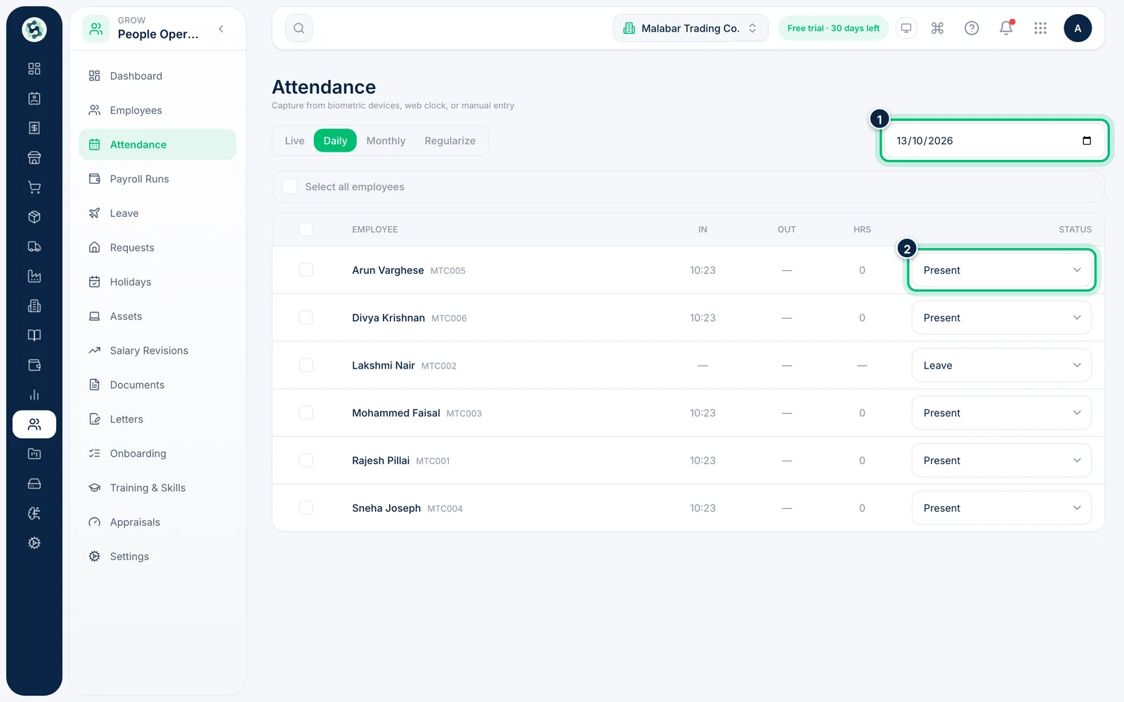 Scalar360 screen: Mark attendance for a particular day