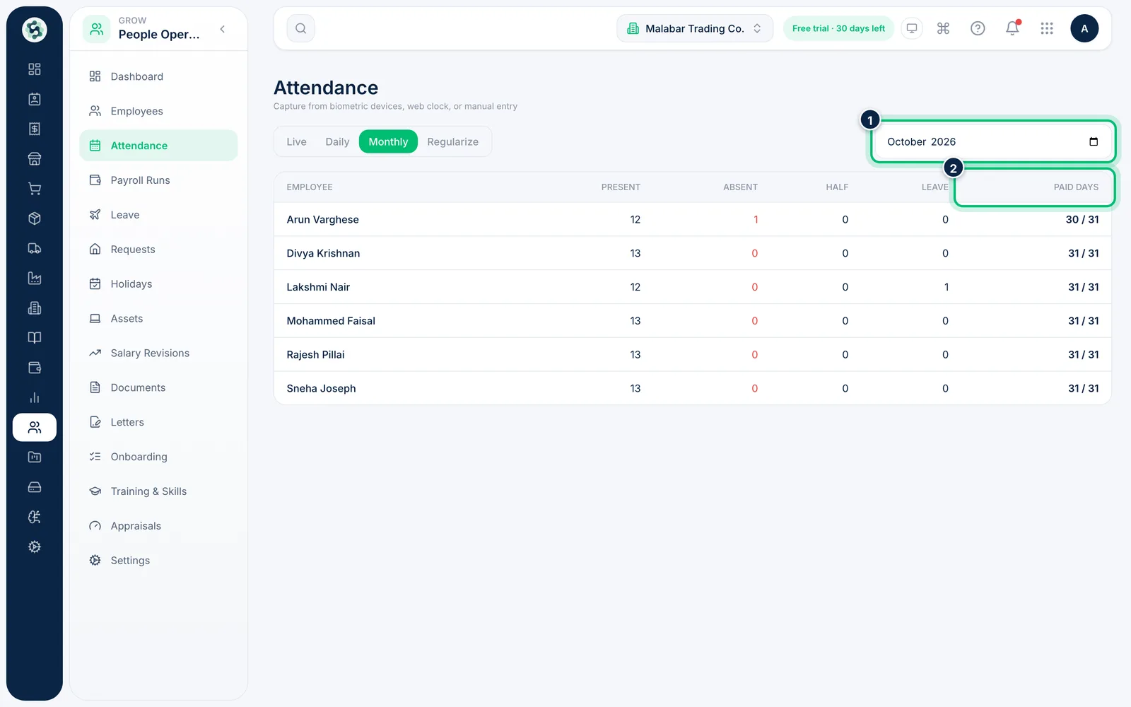 Scalar360 screen: Check paid days for the month