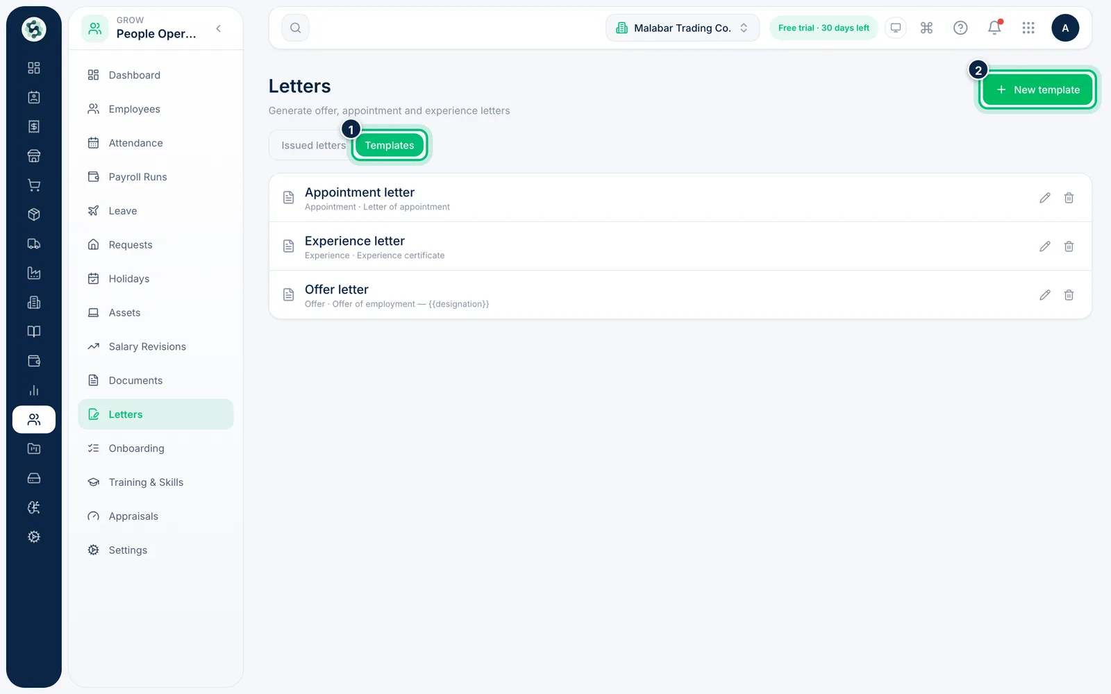 Scalar360 screen: Set up letter templates