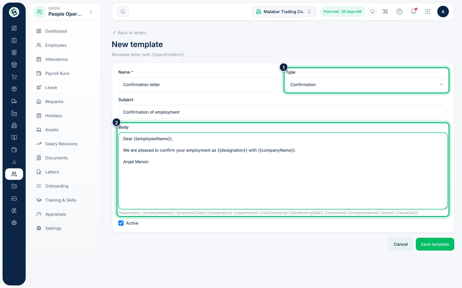 Scalar360 screen: Write the template with placeholders