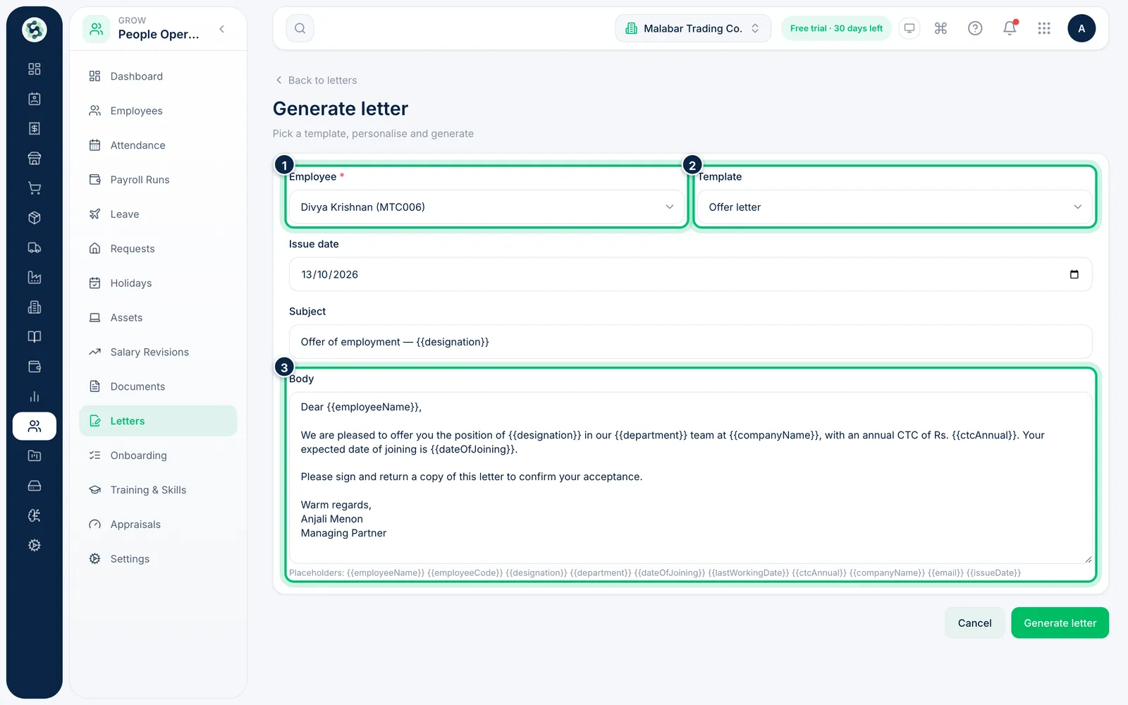 Scalar360 screen: Generate a letter for an employee