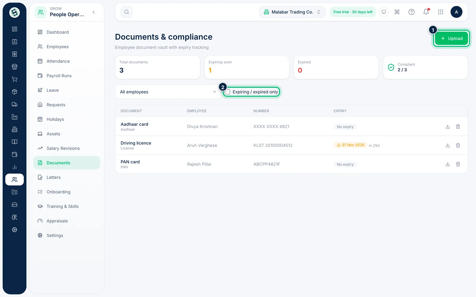 Scalar360 screen: Keep employee documents and watch expiry dates
