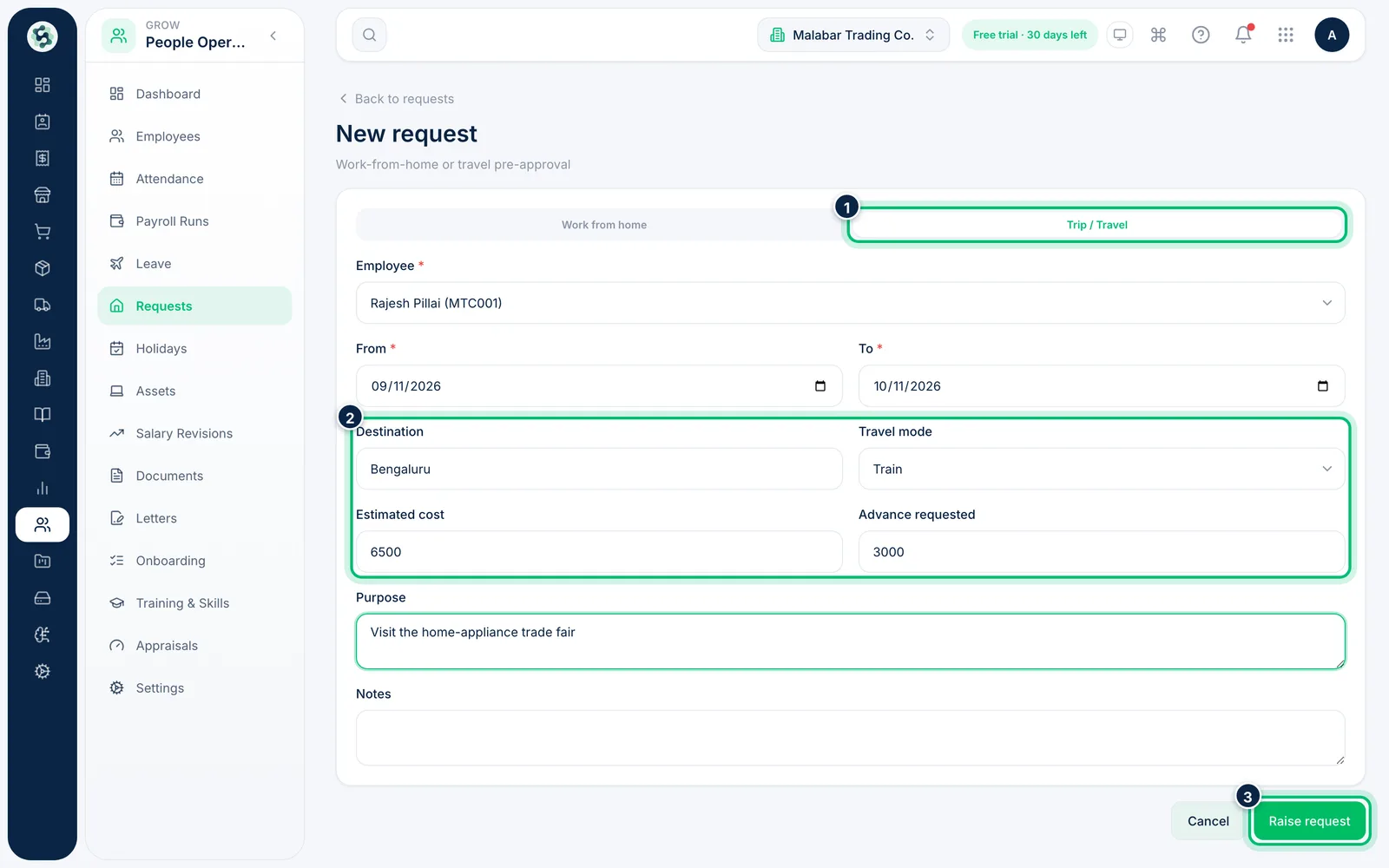 Scalar360 screen: Fill in a trip request