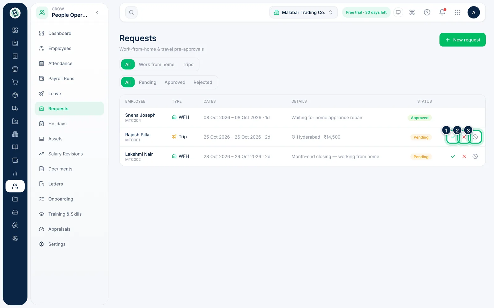 Scalar360 screen: Approve, reject or cancel