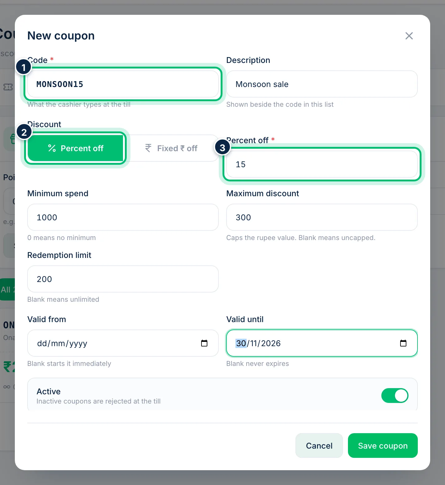 Scalar360 screen: Create a coupon