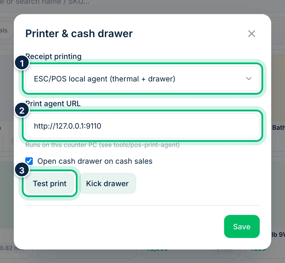 Scalar360 screen: Set up the receipt printer