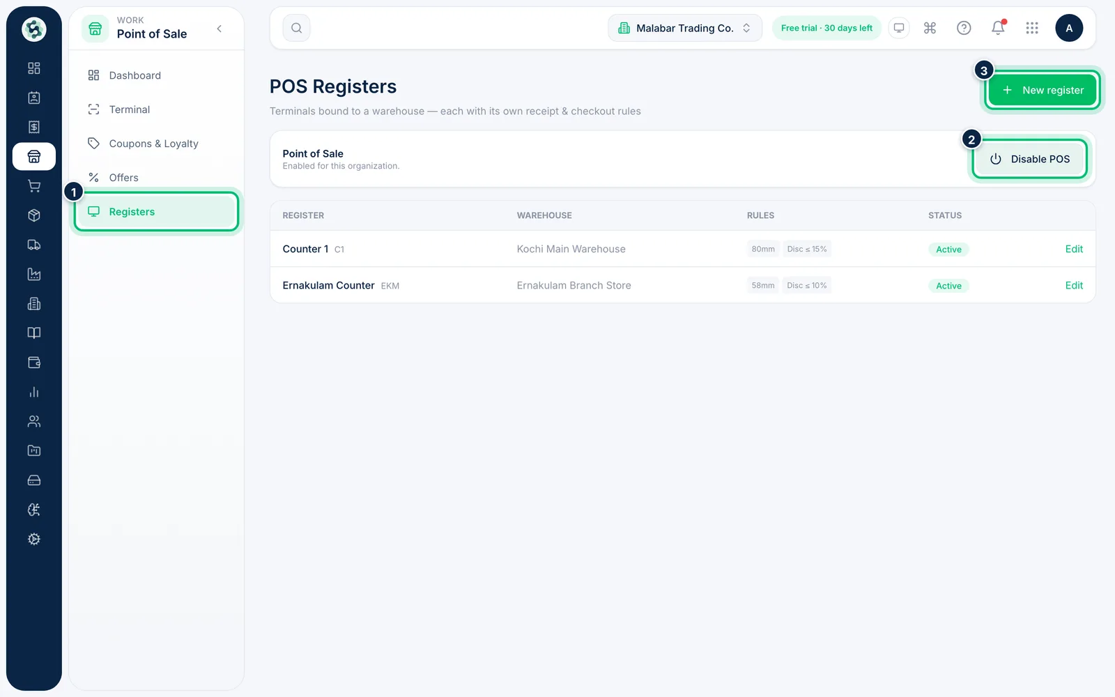 Scalar360 screen: Open Registers and check POS is on