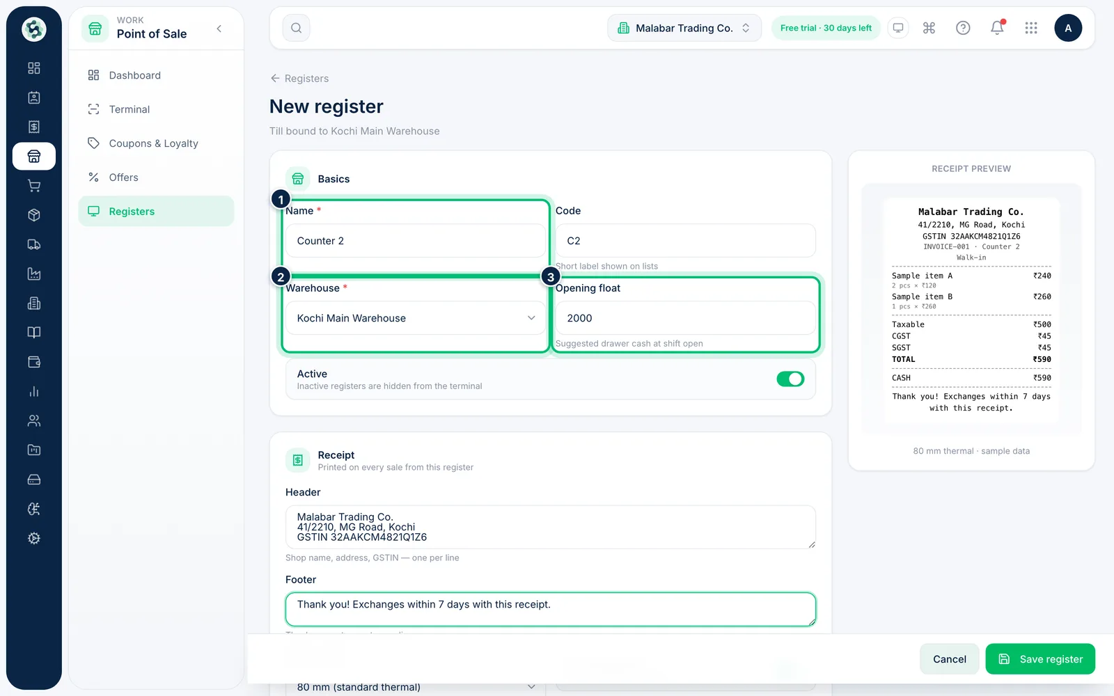 Scalar360 screen: Name the register and bind it to a warehouse