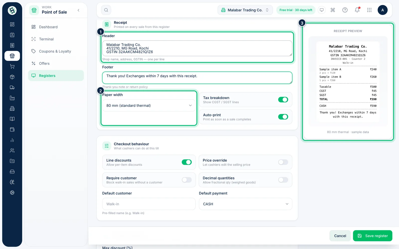 Scalar360 screen: Set up the receipt