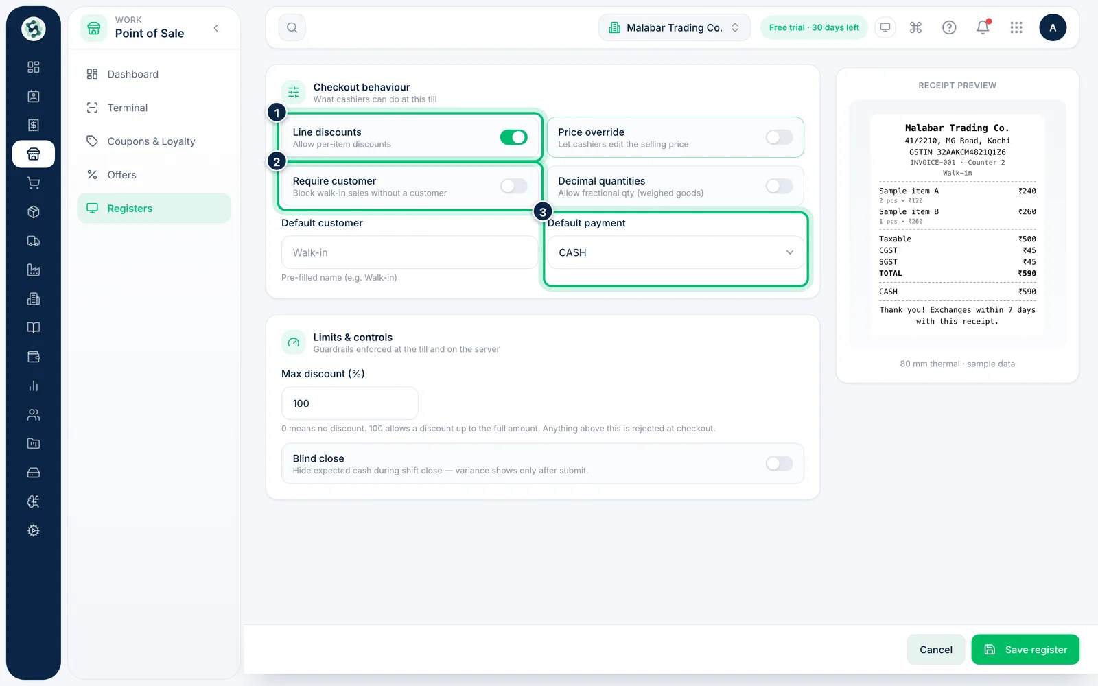 Scalar360 screen: Choose what cashiers can do