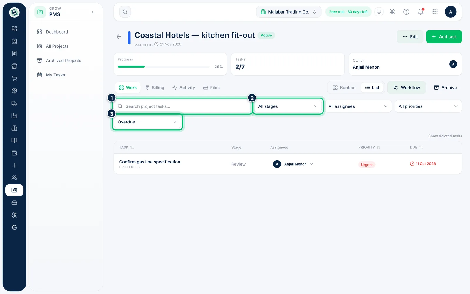 Scalar360 screen: Filter the tasks