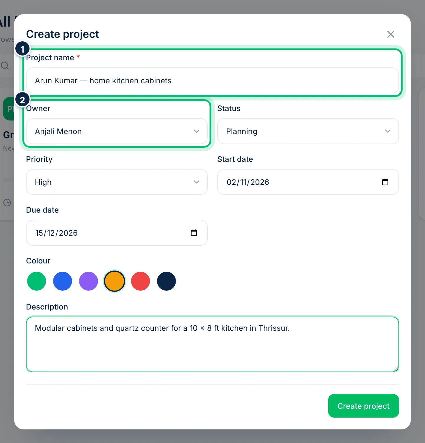 Scalar360 screen: Name the project and pick an owner