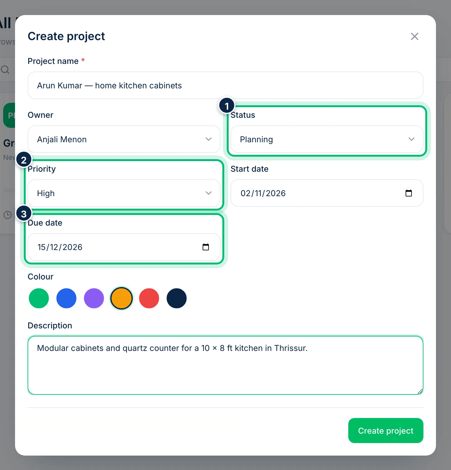 Scalar360 screen: Set the status, priority and dates