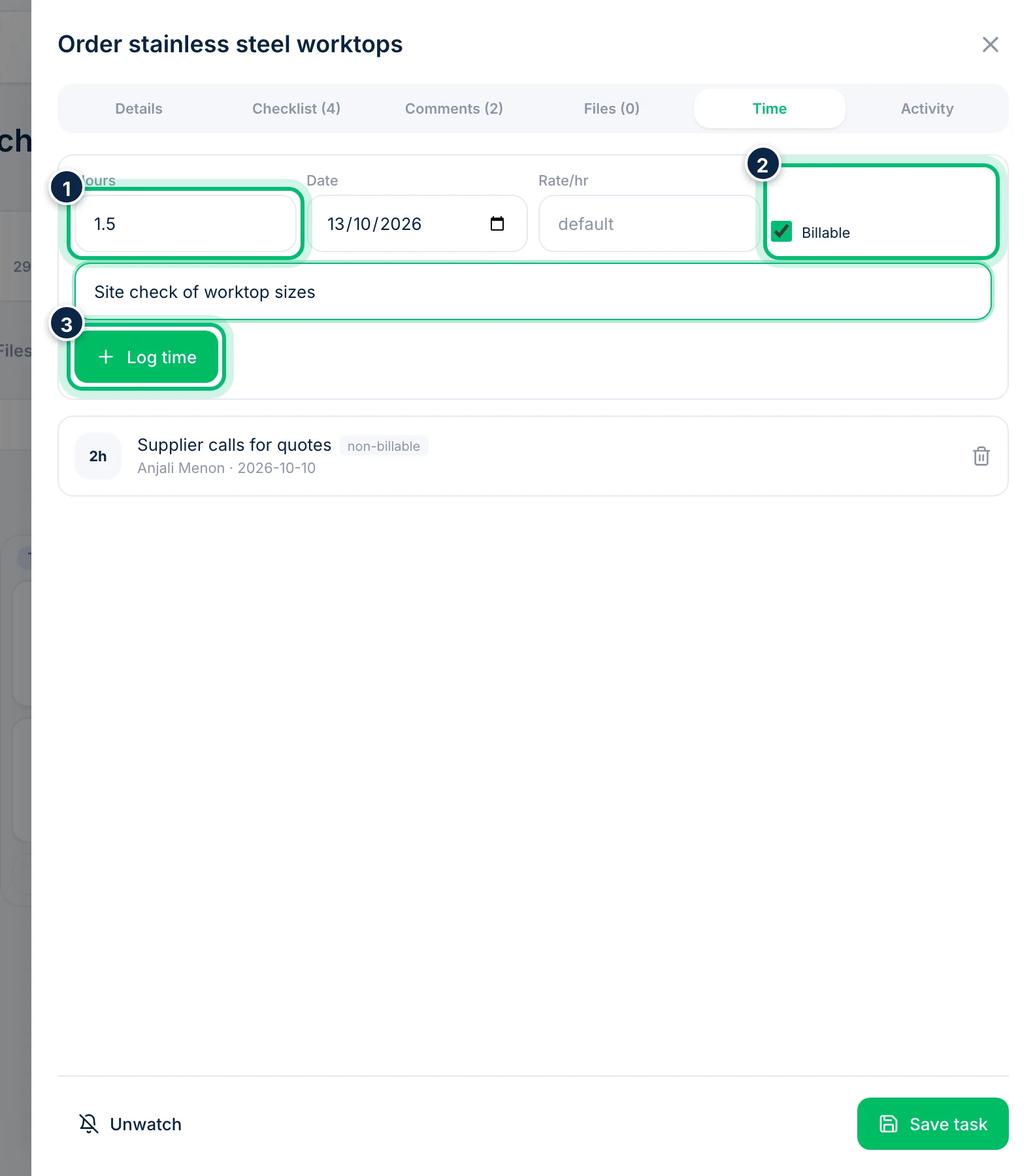 Scalar360 screen: Log time on a task
