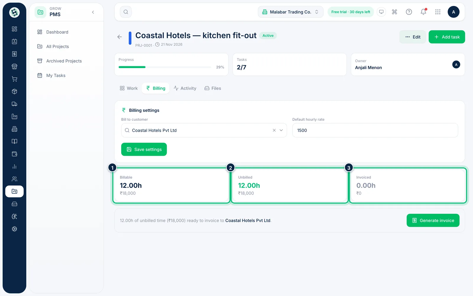 Scalar360 screen: Review billable and unbilled time