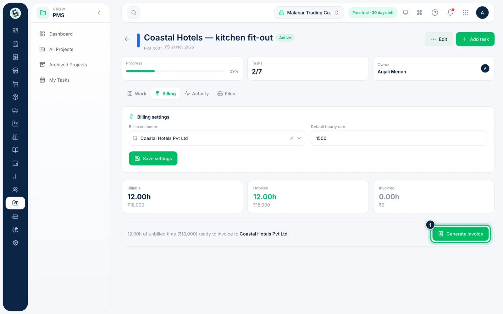 Scalar360 screen: Generate the invoice