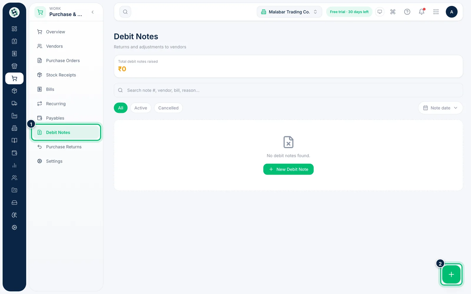 Scalar360 screen: Start a new debit note