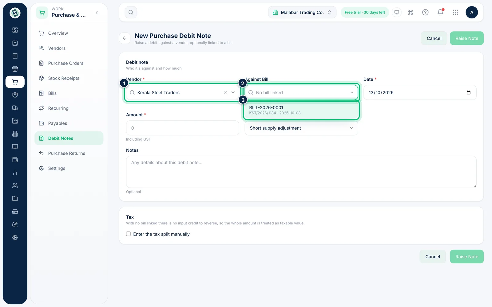 Scalar360 screen: Choose the vendor and bill