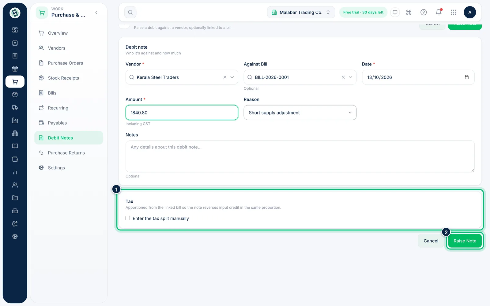 Scalar360 screen: Check the tax and raise the note