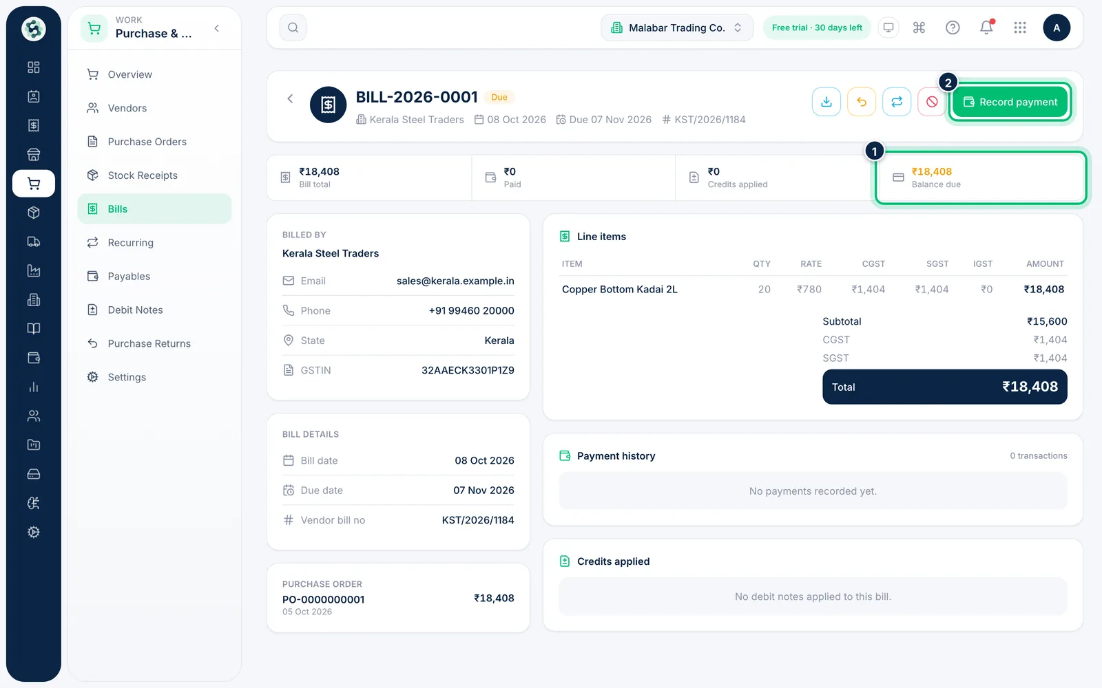 Scalar360 screen: Choose Record payment