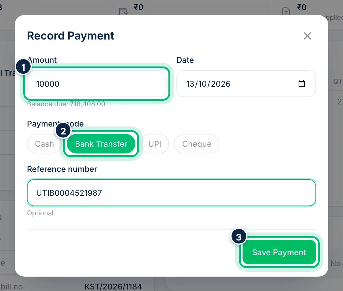 Scalar360 screen: Enter the payment and save