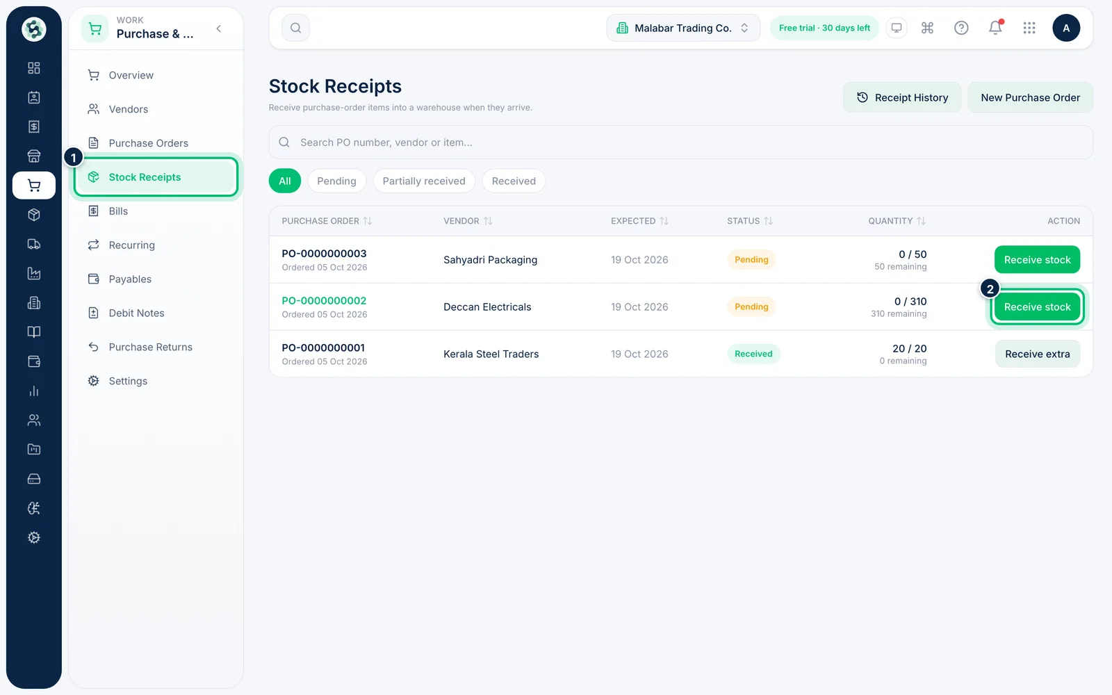 Scalar360 screen: Open Stock Receipts