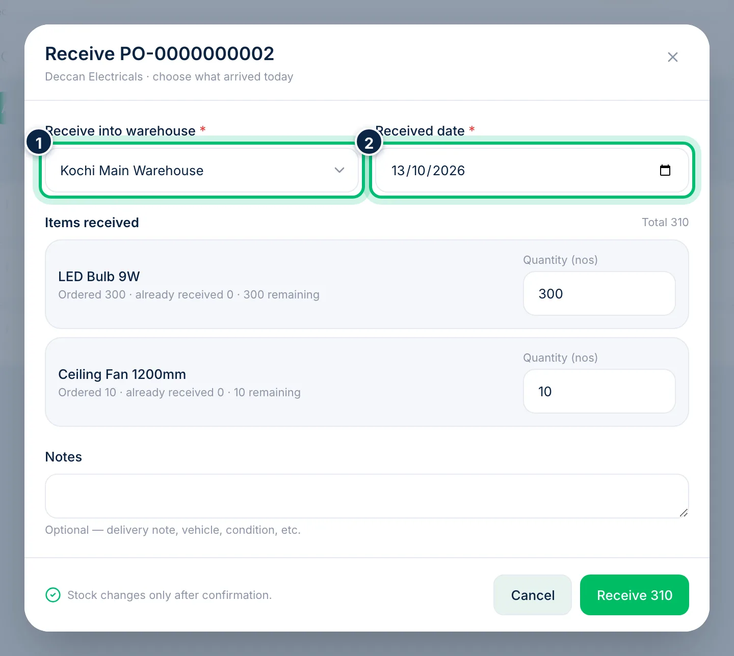 Scalar360 screen: Choose the warehouse and date