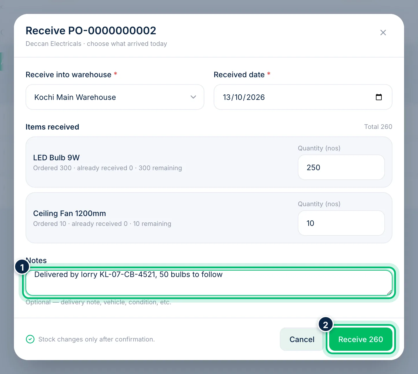Scalar360 screen: Confirm the receipt