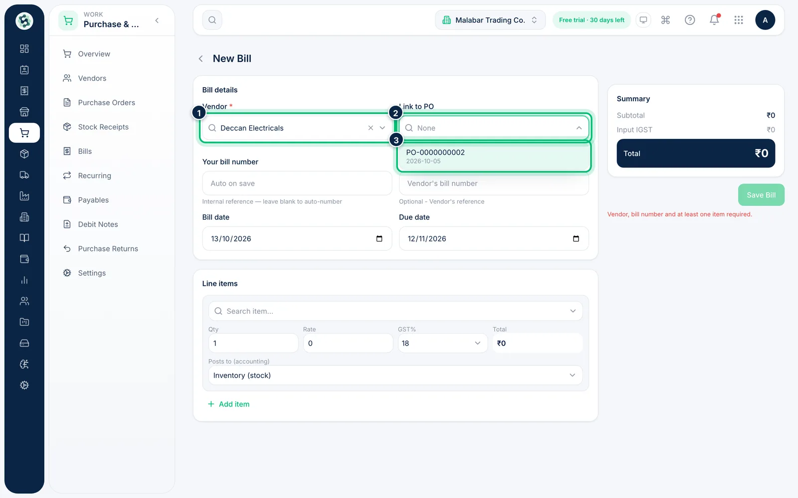 Scalar360 screen: Pick the vendor and link a purchase order