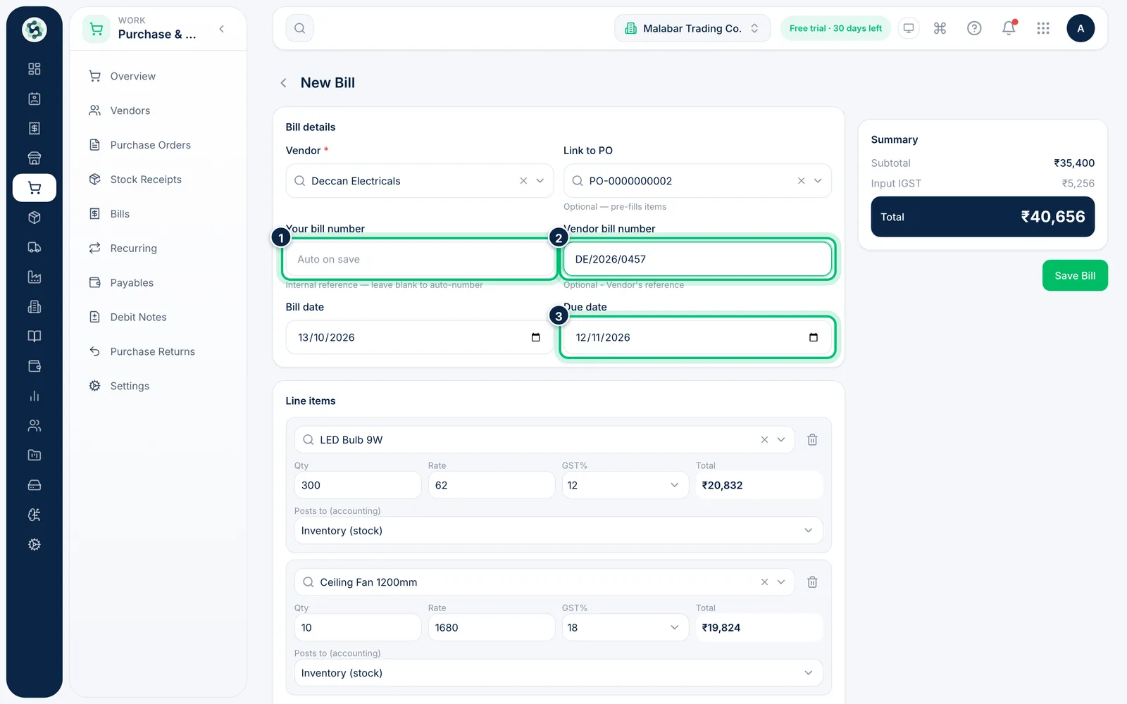 Scalar360 screen: Enter the bill numbers and dates
