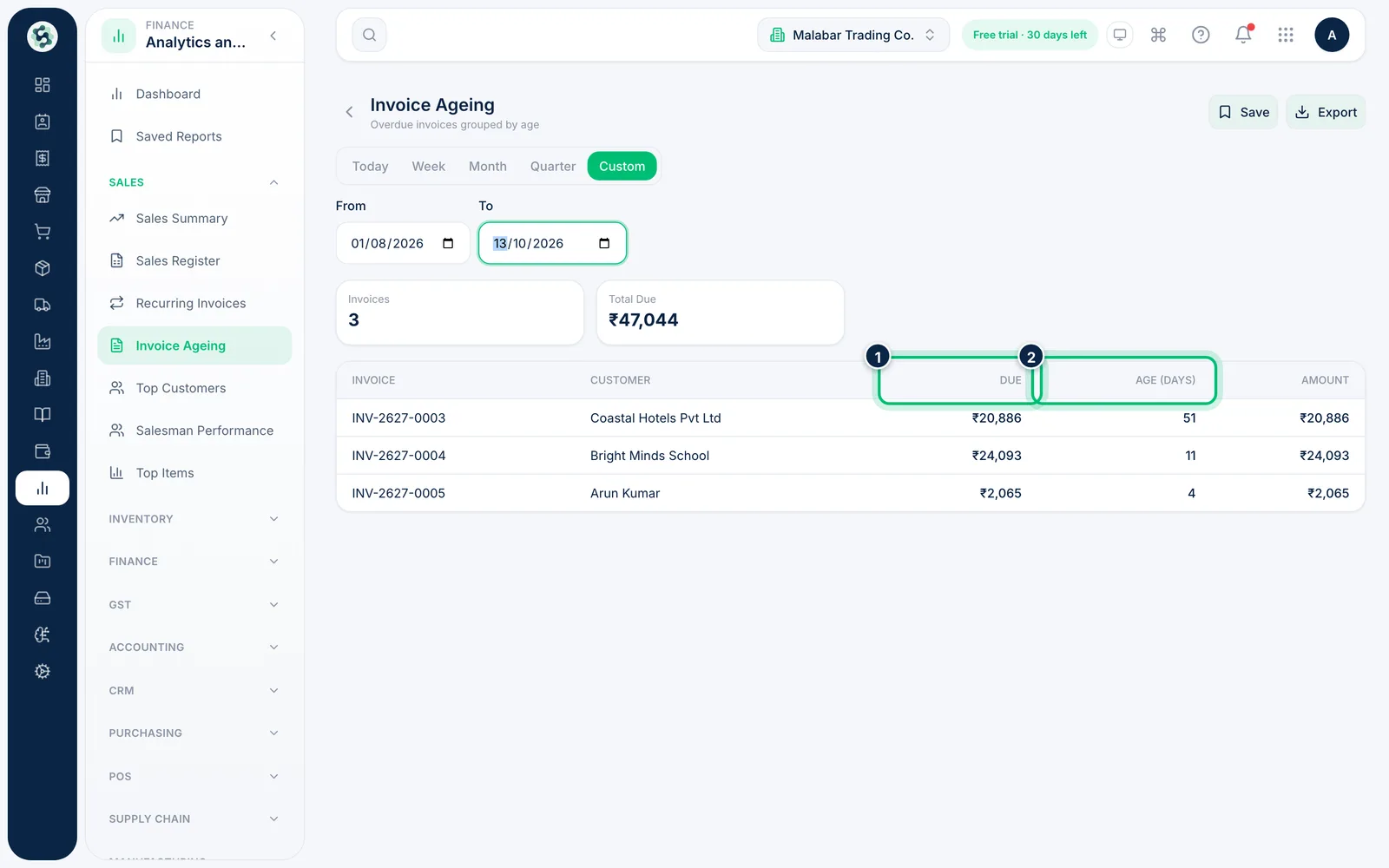 Scalar360 screen: Open Invoice Ageing