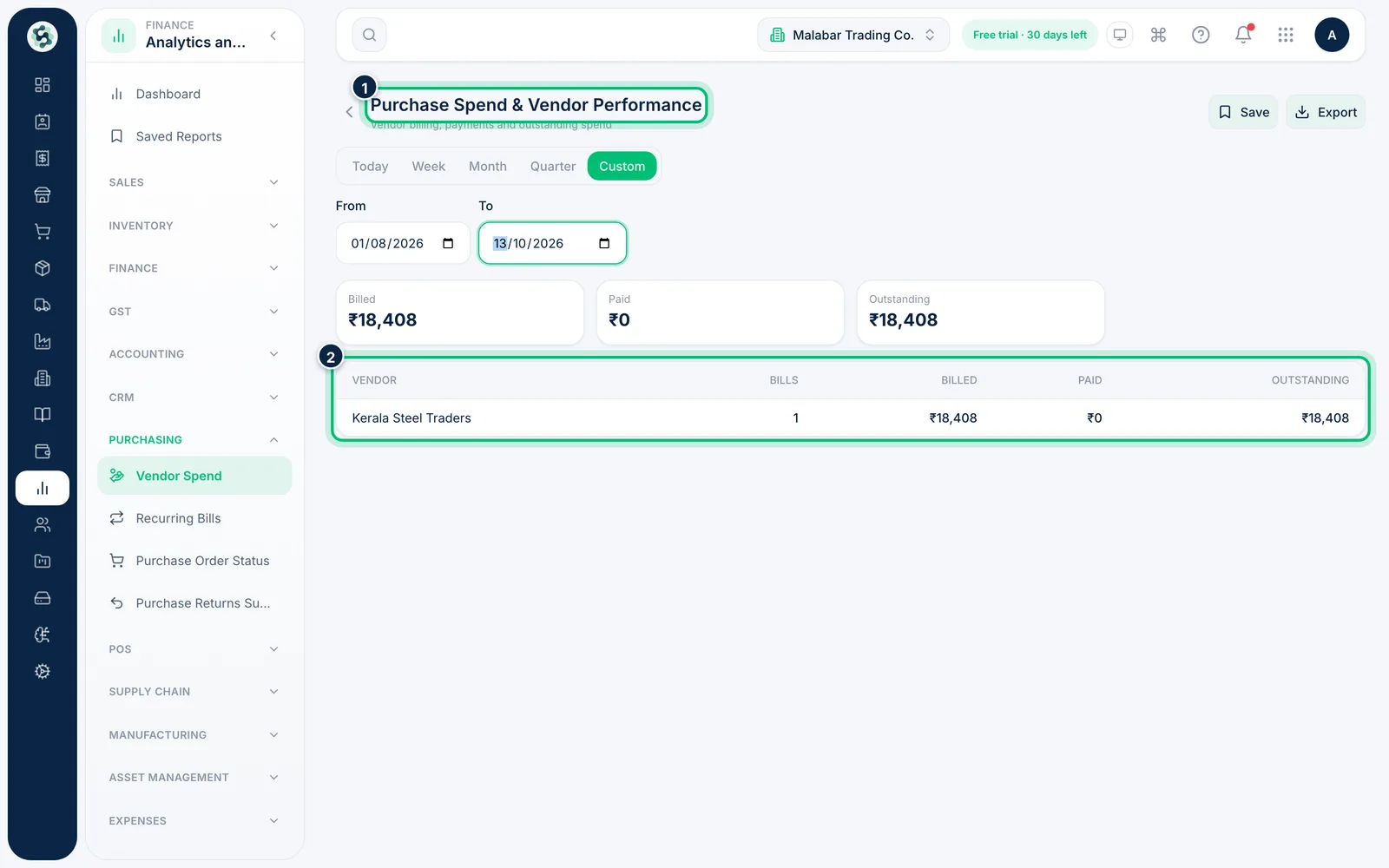 Scalar360 screen: Review spend by vendor