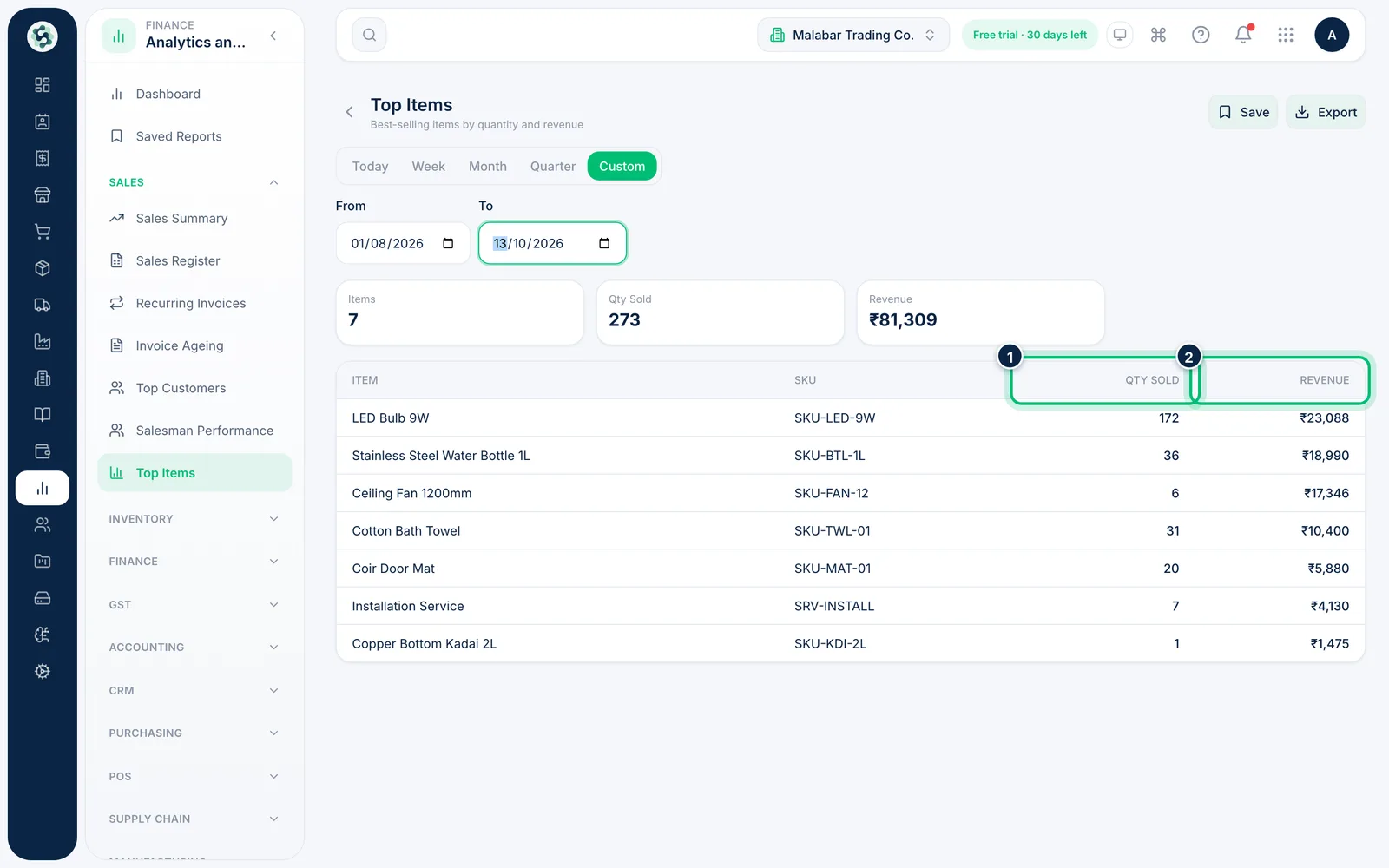 Scalar360 screen: Find your best-selling items